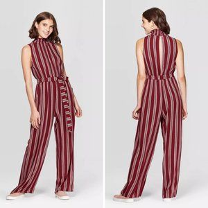 Striped Sleeveless High Neck Belted Jumpsuit XS